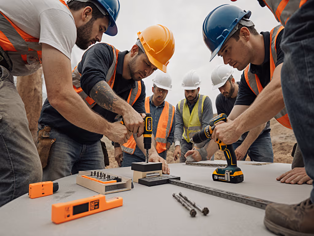 crew_using_l-block_guide_on_construction_site_with_drill_and_materials
